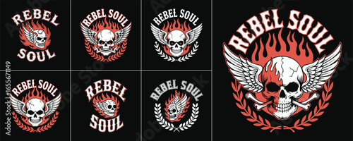 Rebel Soul skull emblem set with wings flames laurel crossbones gothic tattoo biker rock motorcycle outlaw illustration design