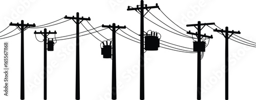 Utility poles with transformers, power lines, electric transmission towers, electrical infrastructure, energy distribution, telephone poles, urban utility poles, electrical wires,