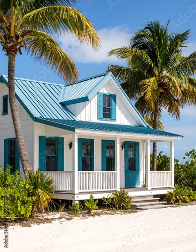 White beach house with teal accents, surrounded by palm trees