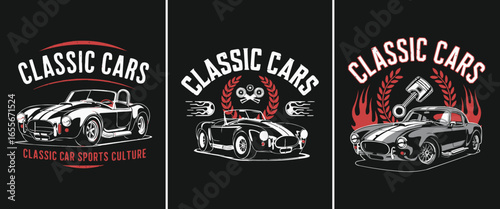 Classic cars emblem set with vintage sports coupe illustration piston laurel wreath typography retro racing heritage design