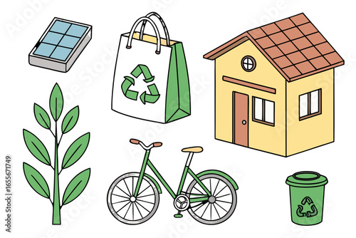 Collection of ecofriendly icons solar panel, house, recycling bag, plant, bicycle