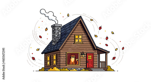 Cozy Autumn Cabin House Illustration with Falling Leaves and Chimney Smoke
