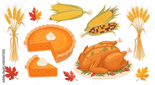 Abundant Thanksgiving Feast Elements: Roasted Turkey, Pumpkin Pies, Corn Varieties, Wheat, and Autumn Leaves