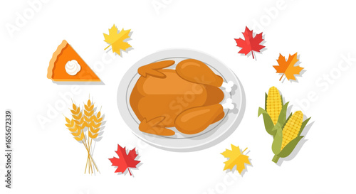 Thanksgiving Harvest Dinner Elements: Roasted Turkey, Pumpkin Pie, Corn, Wheat, and Autumn Leaves