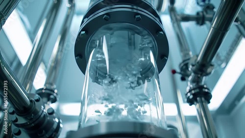 Close Up Clear Water Flowing Through Glass Tube in Blue Toned Industrial Setting