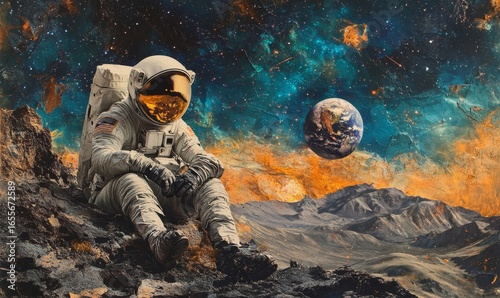Collage art representing space exploration, featuring an astronaut amidst the vast expanse of space with celestial bodies, symbolizing the wonders of the universe and the human spirit, Generative AI