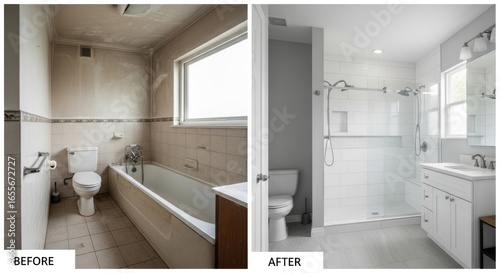 A before and after comparison of a bathroom renovation, showcasing a bathtub and shower area with white tiles and modern fixtures.