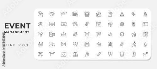 Event management line icons set. Event organization, catering, invitations, holidays, guests, entertainment, celebrations, decoration, and more vector icon collections