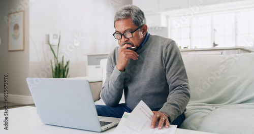 Thinking, old man and financial analysis with laptop, home or planning for retirement with documents. Asset management, bills and preparing taxes with tech, budget and senior person with paperwork