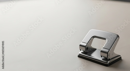 A silver metal hole punch sits on a light-colored surface, positioned on the right with ample empty space to the left.