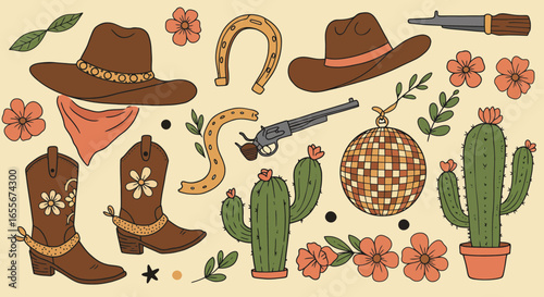 Western themed design featuring cowboy hats, boots, horseshoe and cactus doodles