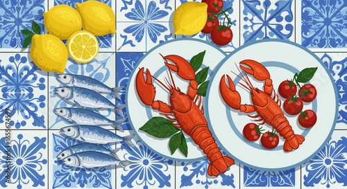 Mediterranean Seafood Feast: Vibrant Lobster, Fish, Lemons and Tomatoes on Tiles