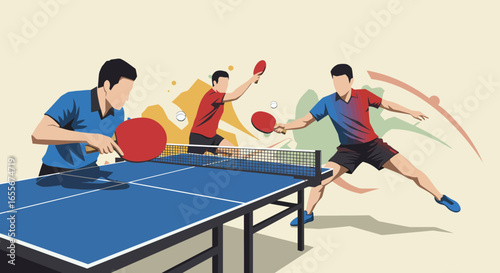 Dynamic table tennis match illustration featuring intense gameplay and stylized motion