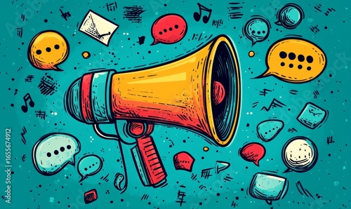 Marketing concept with a megaphone and speech bubbles, illustrating effective communication strategies in advertising, with a focus on trends, psychology, and engagement through, Generative AI