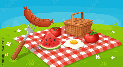 Cartoon style picnic scene with food items and basket on checkered blanket