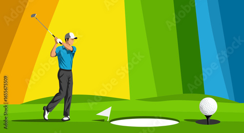 Illustration of a golfer swinging his club on a colorful course background