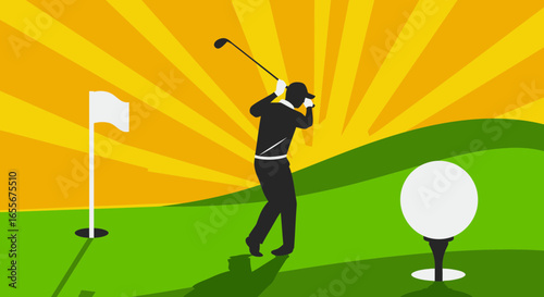 Golf Player Silhouette Swinging Club on Green Field against Sunny Sky Design