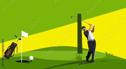 Golf illustration featuring a golfer, course, equipment, and green background