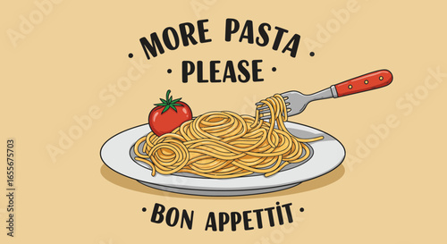Delicious Pasta Illustration with Bon Appetit Greeting, perfect for food lovers