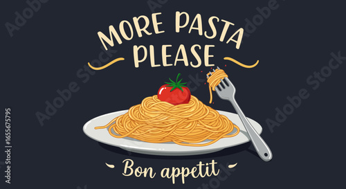 Delicious Pasta Cartoon Illustration with Whimsical Text and Fresh Tomato Topping