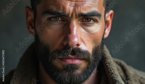 Close up portrait of a man with a beard and intense gaze against a dark blurred background setting