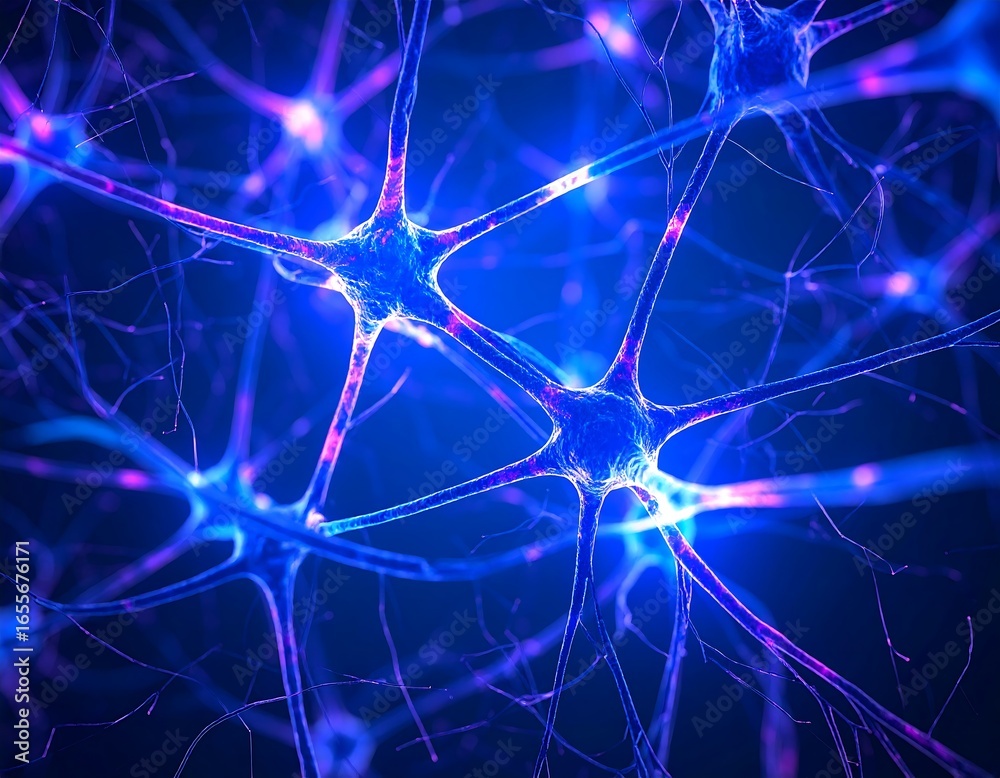 Microscopic view of interconnected neurons, glowing blue and purple Microscopic view of interconnected neurons, glowing blue and purple