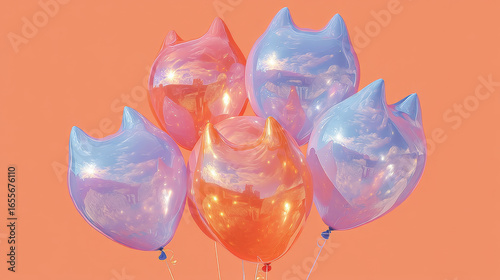 Colorful balloons shaped like cat heads float against vibrant sunset background, creating