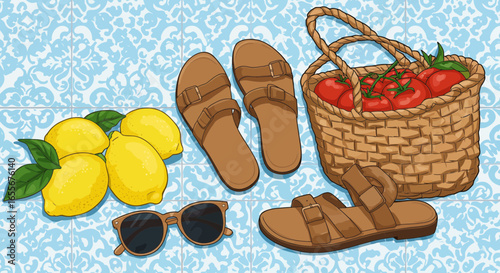 Summer picnic illustration with lemons, tomatoes, sandals, and sunglasses on tile