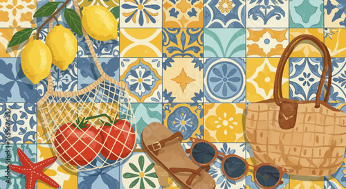 Summer Italian beach day with vibrant Mediterranean tiles and beach accessories