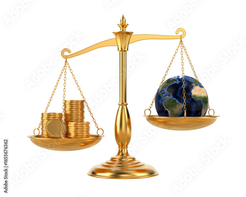 Money and globe on scale. Isolated 3D illustration on white background