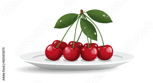 Illustration of Fresh Red Cherries with Green Leaves on a White Plate Graphic