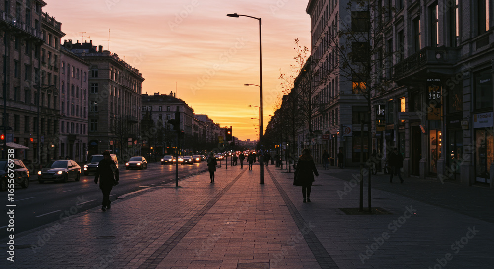 Fototapeta premium Walking along the central street of a big city during sunset.