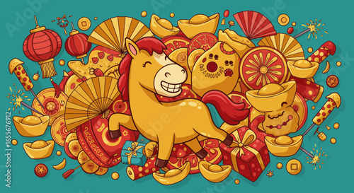 Chinese new year horse celebration with golden decorations and traditional icons