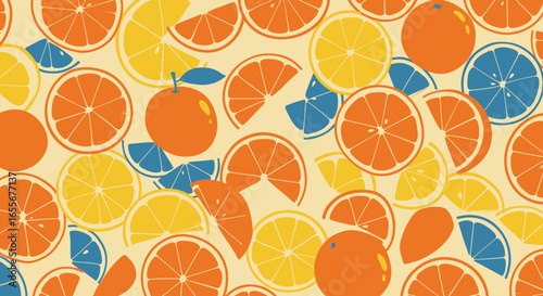 Vibrant citrus fruit pattern with oranges, lemons, and blues, creating a retro aesthetic