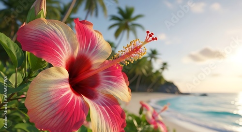 Red and yellow flower of paradise in a garden closeup