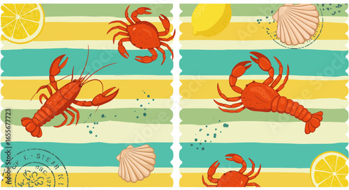 Seafood Delight: Whimsical Pattern of Lobster, Crab, Lemon and Seashells on Stripes