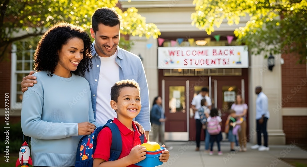 Obraz premium Happy Family Returning to School Together.