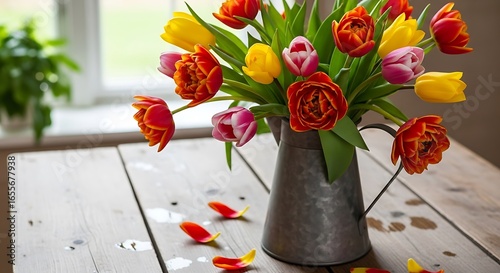 Red tulips arranged in a glass vase as a beautiful spring bouquetRed tulips arranged in a glass vase as a beautiful spring bouquet
