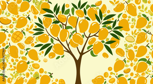Vibrant mango tree illustration with scattered ripe mango fruits design art