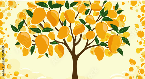 Vibrant mango tree illustration with lush foliage and scattered abstract accents