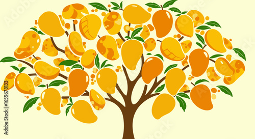 Stylized mango tree with vibrant colors and detailed leaves and fruit design