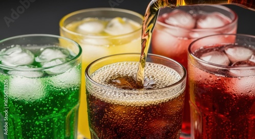 Pouring cola into a glass with ice, surrounded by colorful sodas