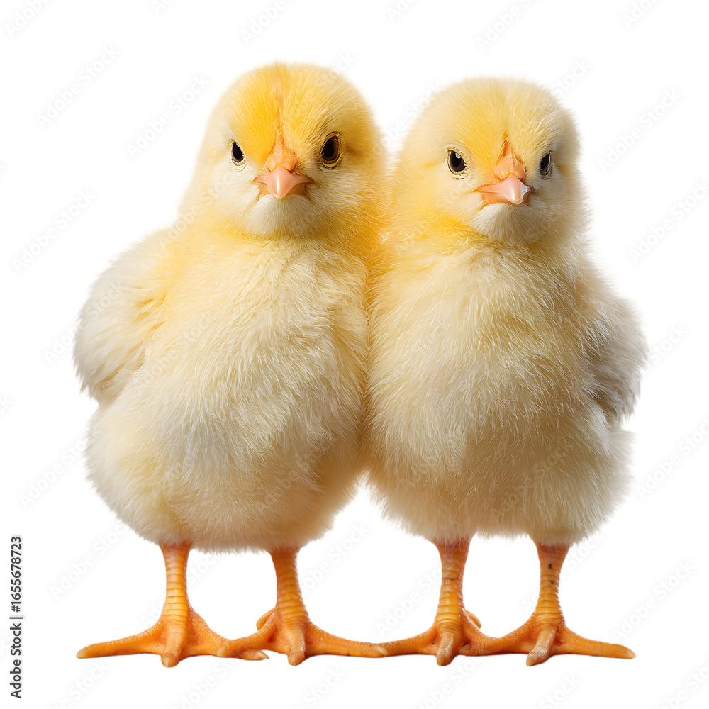 Obraz premium Two yellow chicks standing side by side against a black background looking at the camera closely together on transparent background