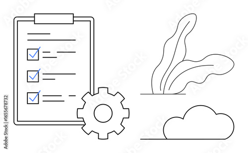 Checklist with marked options, a gear wheel symbolizing settings or processes, and minimal design plant and cloud highlights balanced plans. Ideal for productivity, planning, efficiency, strategy