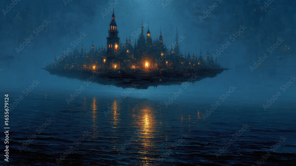 Obraz premium Floating castle above stormy sea, illuminated by warm lights, creates mystical atmosphere
