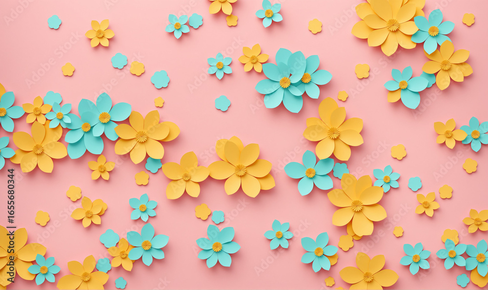 Fototapeta premium a pink background with scattered paper flowers