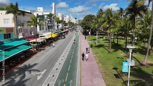 Bicycle lane and traffic on Ocean Drive in Miami Beach