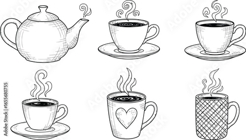 Wallpaper Mural Teapot and coffee cups sketch illustration vector graphic art Torontodigital.ca