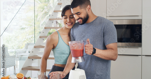 Tableau sur toile Smoothie, health and couple in kitchen, smile and detox with support, relationship or wellness