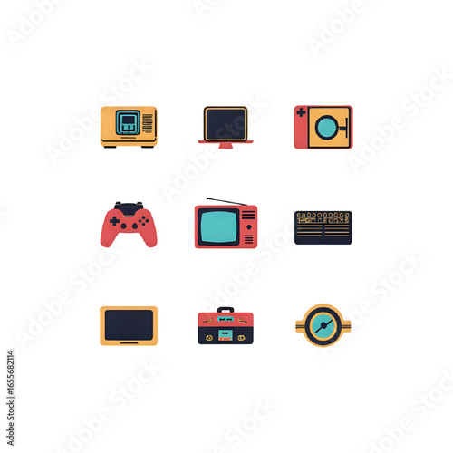 Set of 10 Retro 1980s Tech Gadget Icons – Flat Vector, Editable Colors